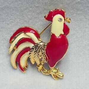 Vintage Red & Cream Enamel Rooster Brooch – Gold‑Tone Figural Pin